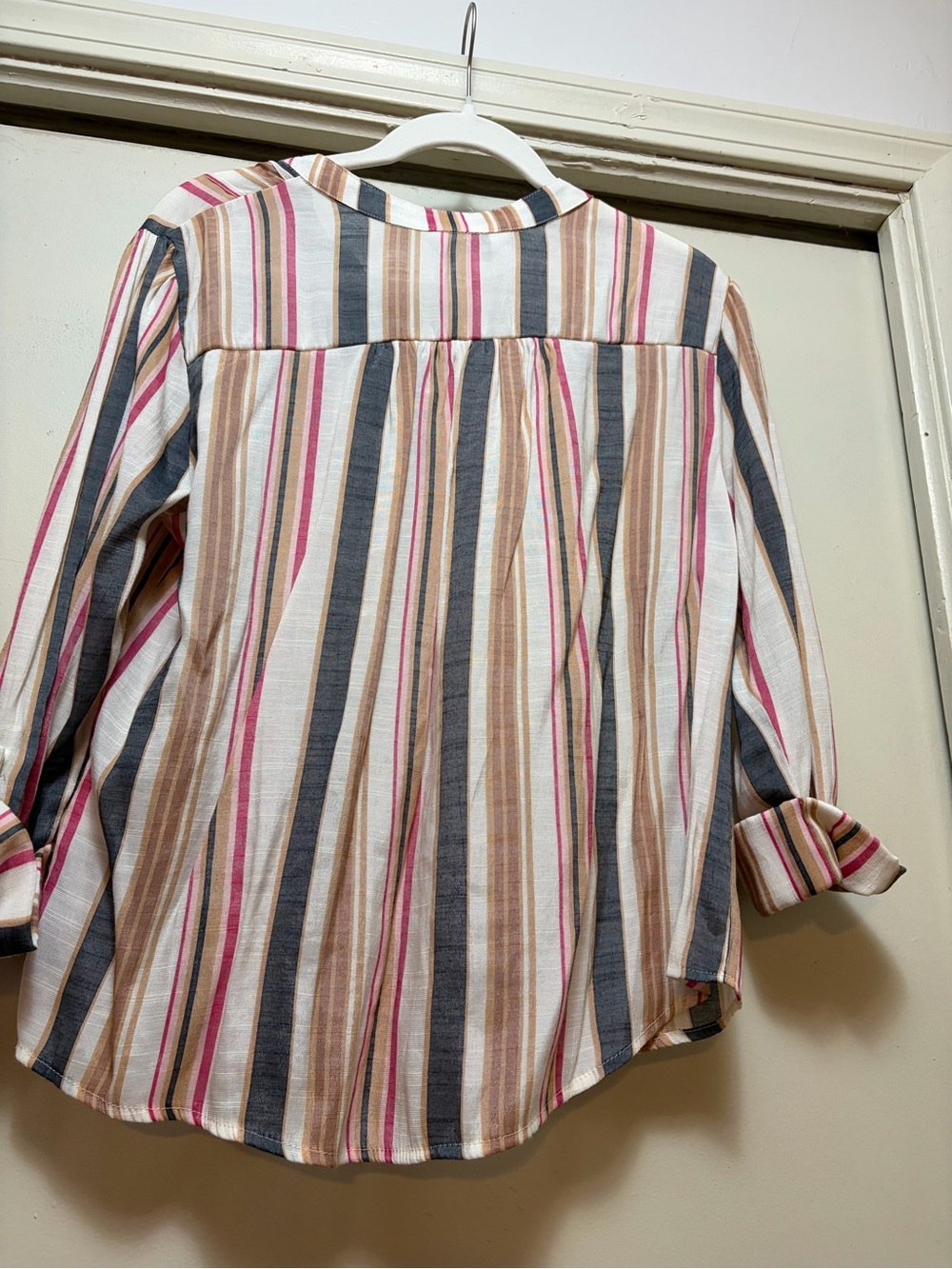 Casual Striped Button-Front Tunic in Pink, Tan & Navy - Picture 2 of 3